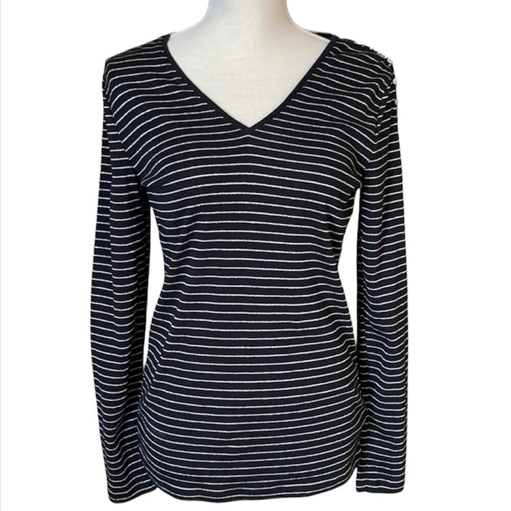 Lauren Ralph Lauren Women Top Size M Cotton Black Striped Long Sleeve INVP1